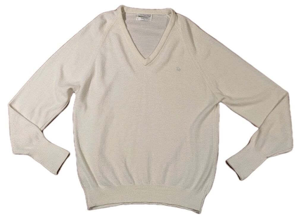 Vintage Christian Dior V-Neck Sweater Made USA Cream Ivory Size L